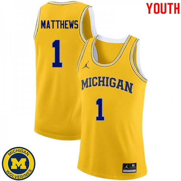 Youth University of Michigan #1 Charles Matthews Yellow Basketball Jersey